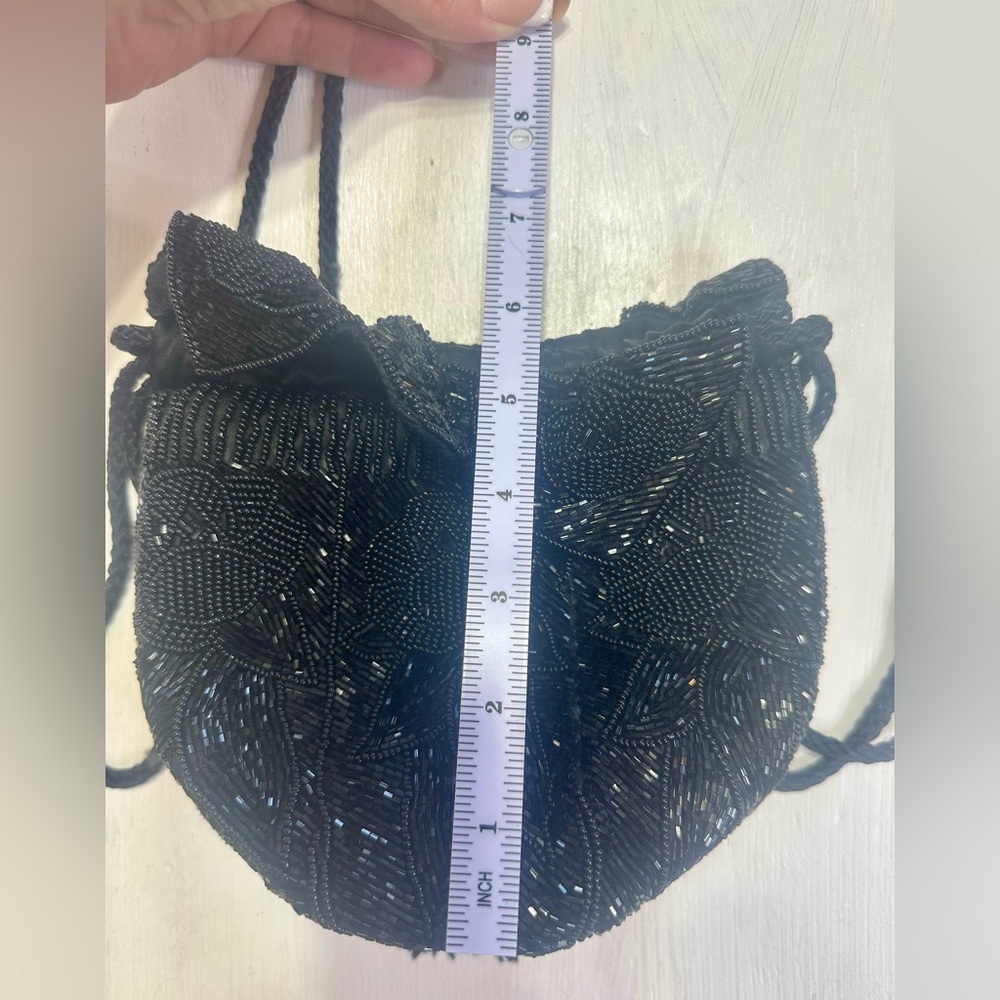 Vintage Black Glass Beaded Evening Purse Floral Drawstring Tassel Cocktail Bag - Picture 12 of 15